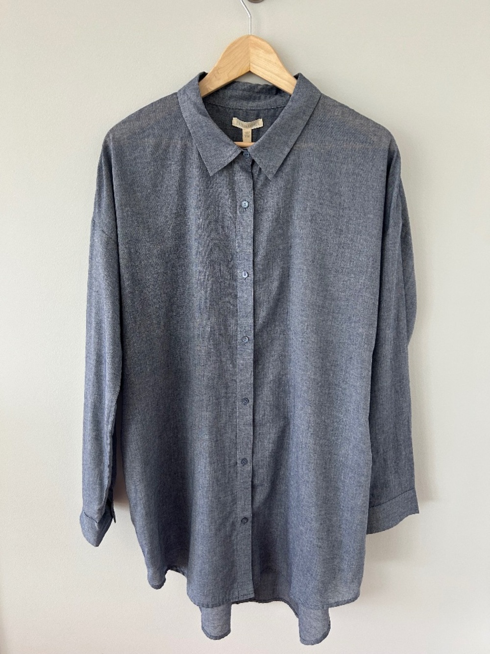 NWT Eileen Fisher Classic Cotton Collar Shirt in Chambray Sz L